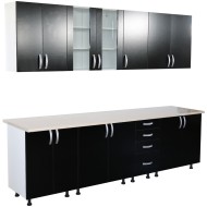 Bucatarie Zebra 260 cm din PAL Negru cu blat termoizolant alb/bej Bucatarie Zebra 260 cm din PAL Negru cu blat termoizolant alb/bej